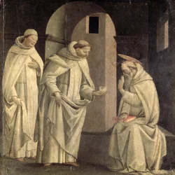 Scener ur St. Benedictus liv: St. Benedictus välsignar giftets bägare som splittras, predella panel, ca 1488 (panel)